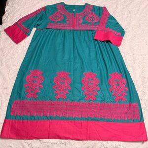 Teal and Pink Embroidered kaftan Dress